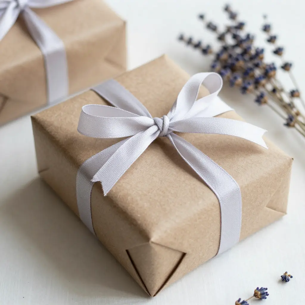 Beautifully wrapped handmade gift with ribbon and natural decorations