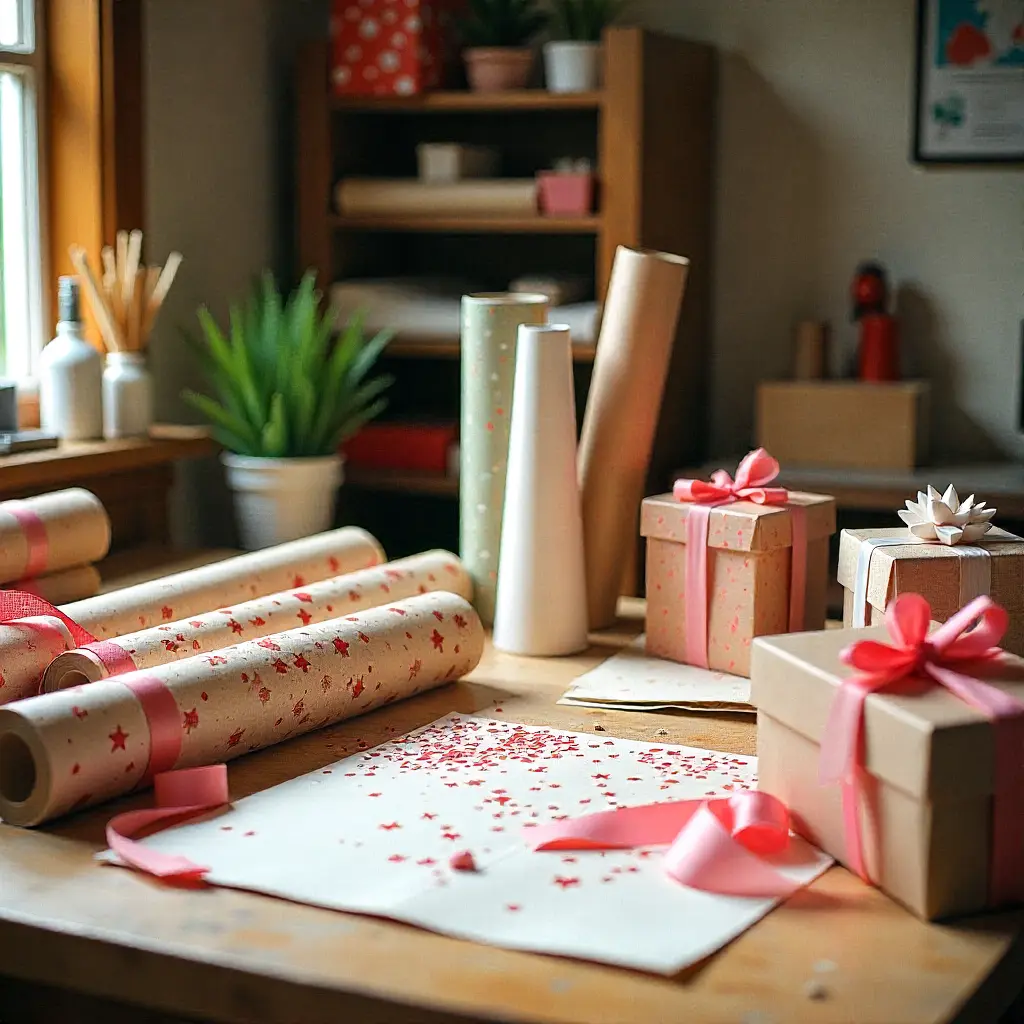 Creative workshop space with gift wrapping materials and handmade crafts